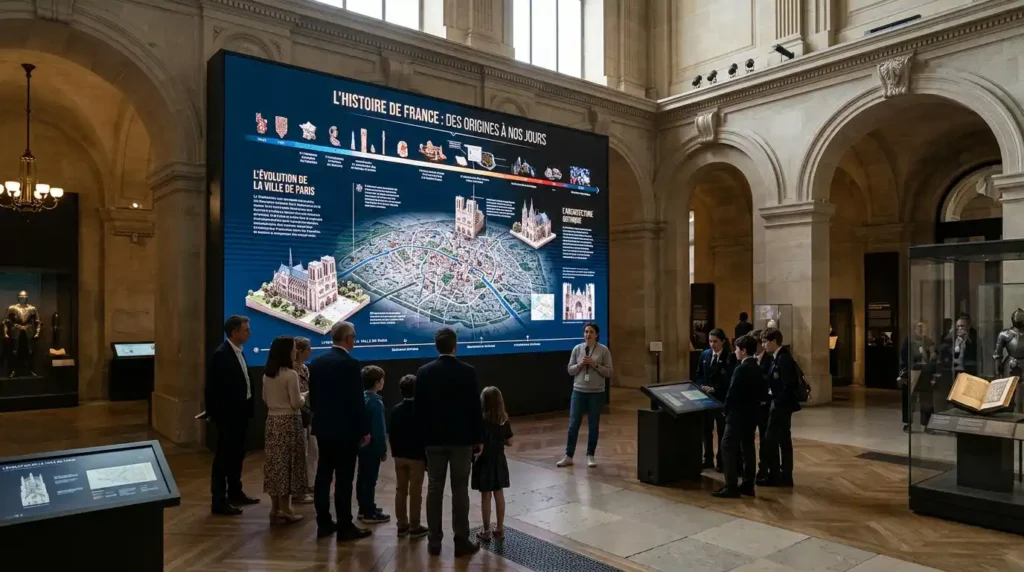 Fine-pitch COB LED video wall displaying French historical infographics and maps in a classic Parisian museum exhibition hall with visitors and a guide