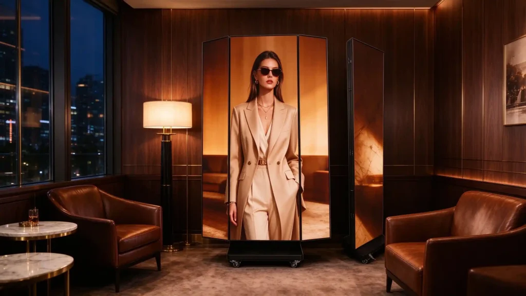 Tri-fold LED poster showing luxury fashion campaign in upscale members club with leather armchairs and wood paneling