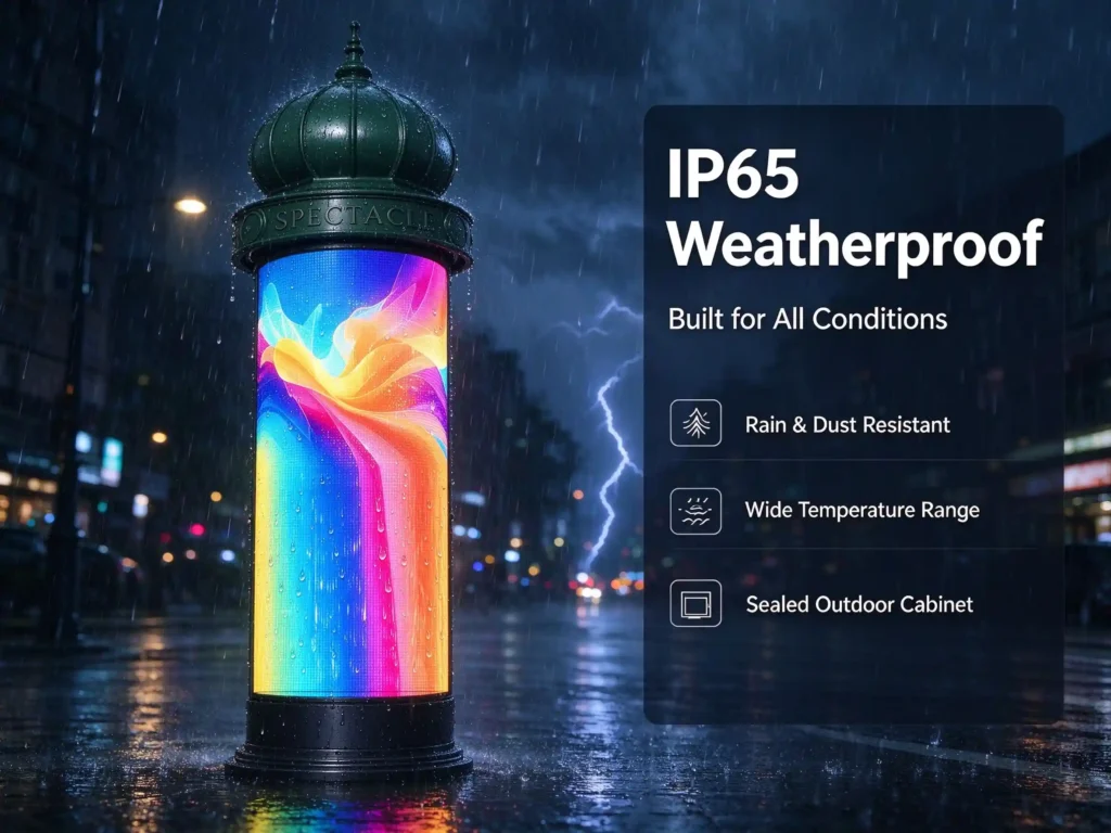 Weatherproof cylindrical LED advertising column standing in heavy rain at night with lightning sky