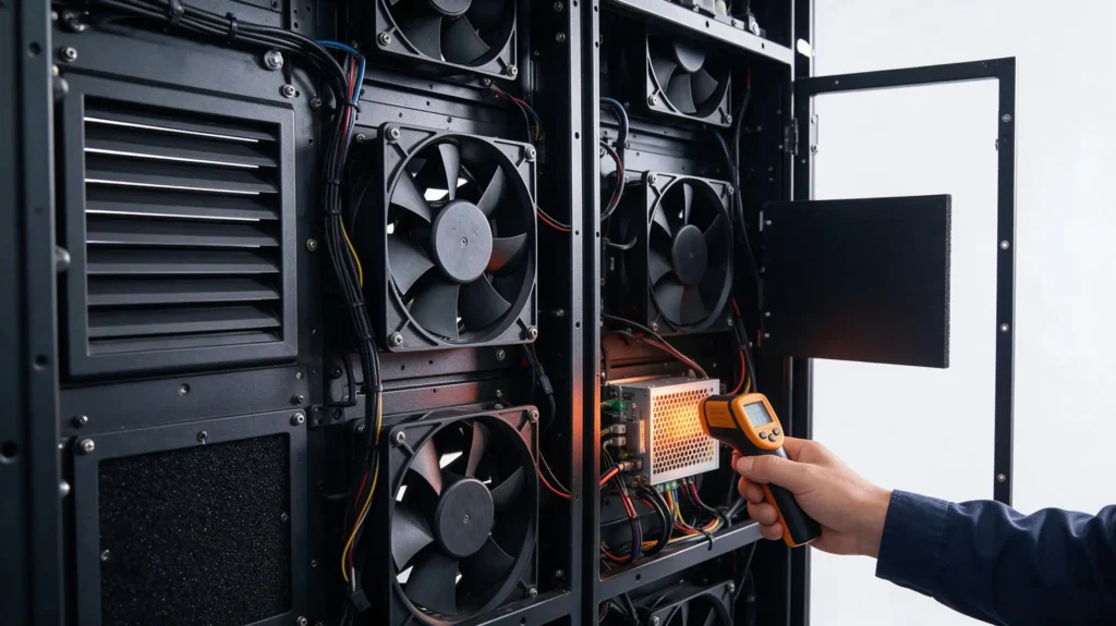 Closeup of LED display cabinet interior with axial fans, waterproof louvers and air baffles for forced air cooling