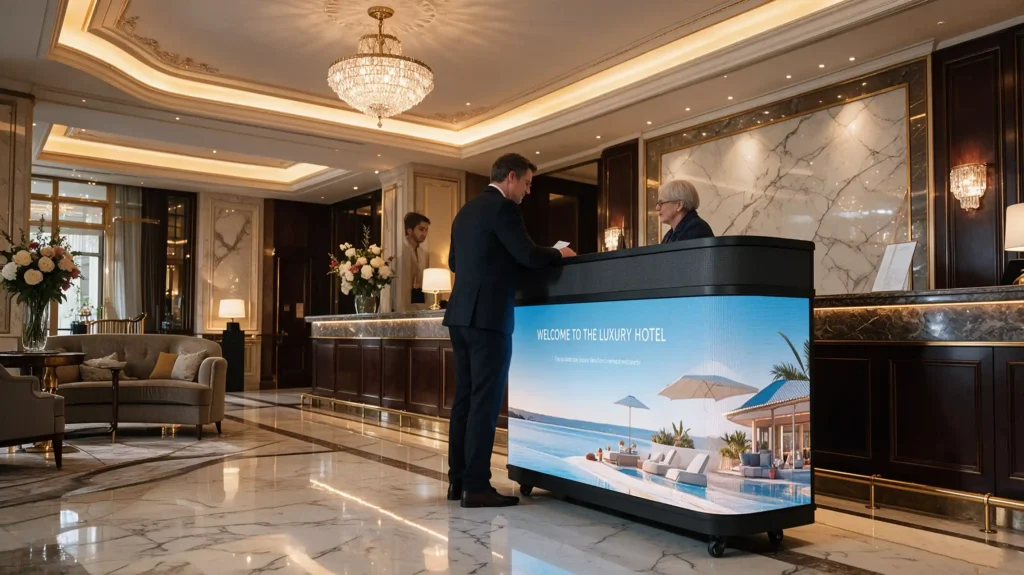 Mobile curved GOB LED reception counter with casters placed inside luxury European hotel lobby displaying hotel welcome visuals