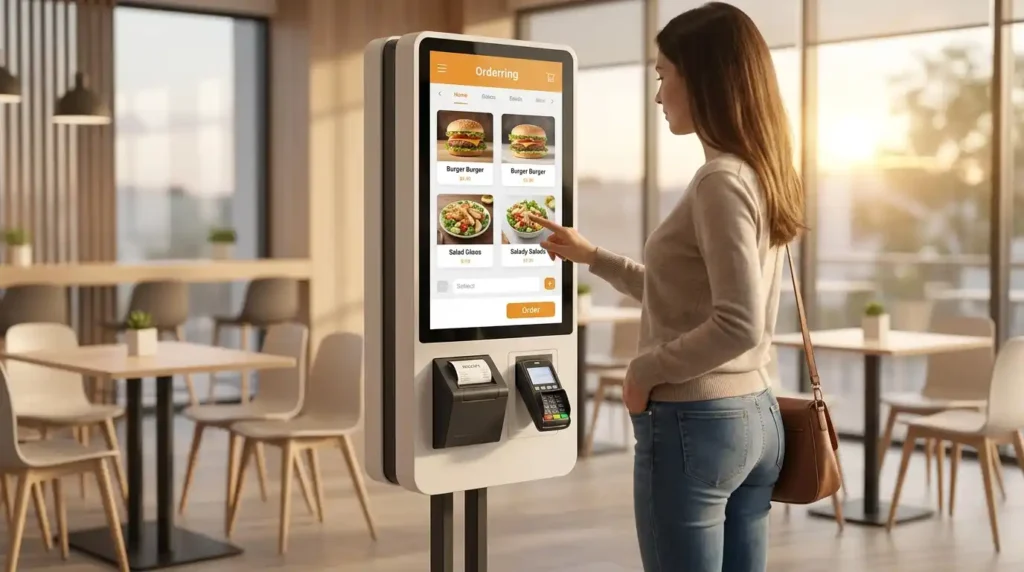 A customer interacting with a modern floor-standing self-ordering kiosk featuring a touch screen, built-in thermal printer, and payment terminal inside a bright restaurant interior.