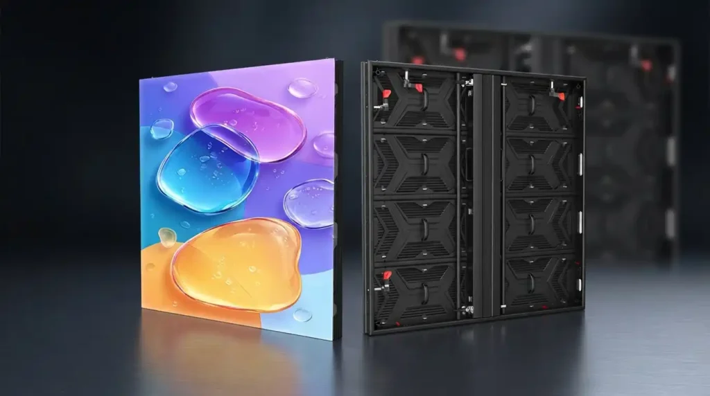 Outdoor LED display cabinet front view with colorful display and rear black chassis, handles and quick-release locks