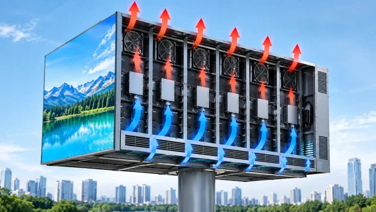Outdoor LED display forced-air cooling airflow diagram showing bottom-in and top-out ventilation for unconditioned projects