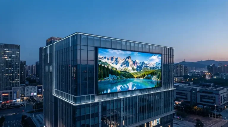 Commercial building exterior featuring a large outdoor LED display screen under twilight sky, highlighting professional installation and engineering structure.