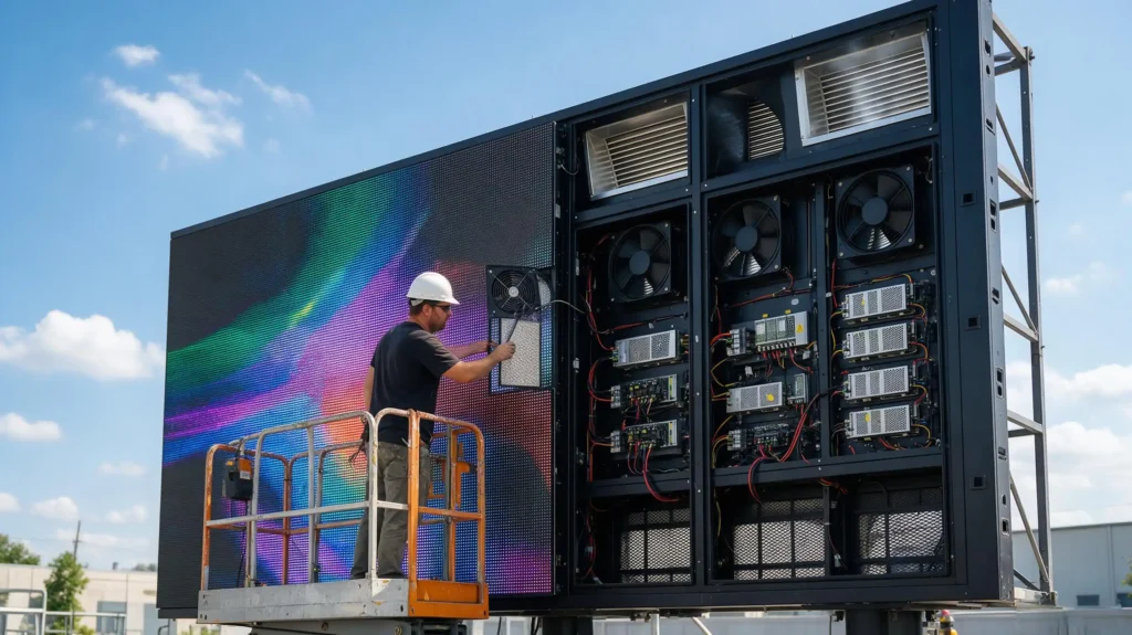 Outdoor LED display back panel with axial fans and dust filter for forced air cooling