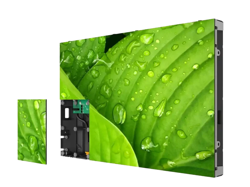 Adhaiwell indoor COB LED display cabinet with magnetic front access module showing high-definition green leaf water drop image