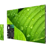 Adhaiwell indoor COB LED display cabinet with magnetic front access module showing high-definition green leaf water drop image