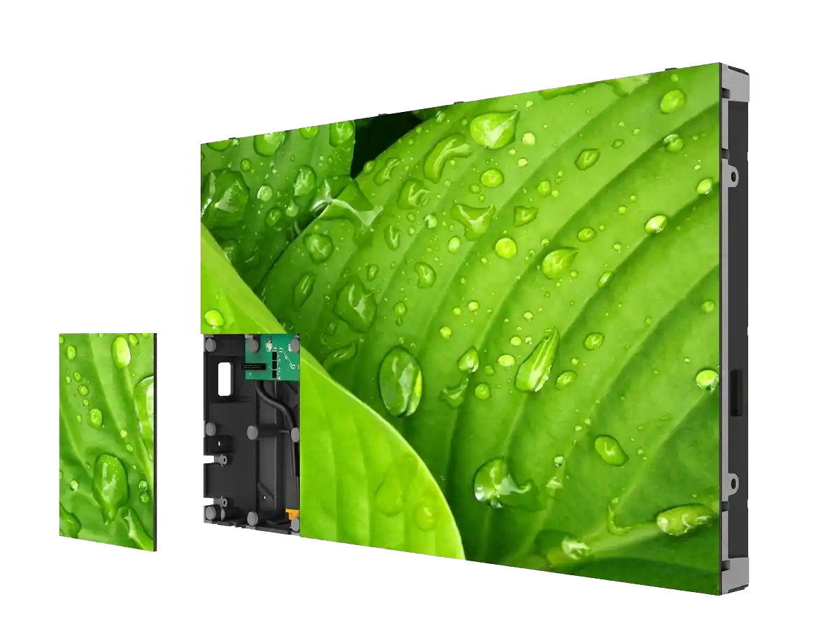 Adhaiwell indoor COB LED display cabinet with magnetic front access module showing high-definition green leaf water drop image