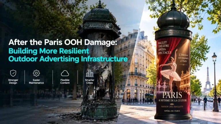Damaged traditional Morris column beside a digital Morris column LED display in a Paris-inspired streetscape