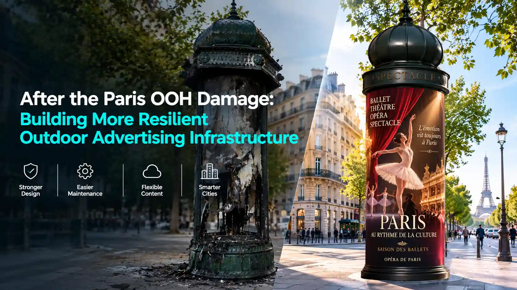 Damaged traditional Morris column beside a digital Morris column LED display in a Paris-inspired streetscape