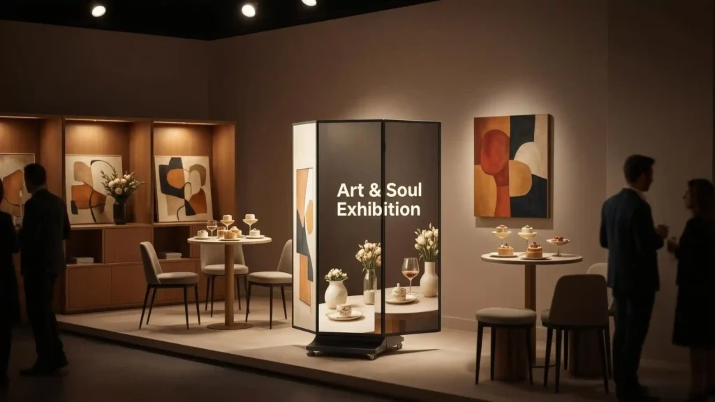 Portable LED digital signage in a tri-fold configuration at an upscale salon and gallery space, displaying art brand content among warm lighting and refined decor