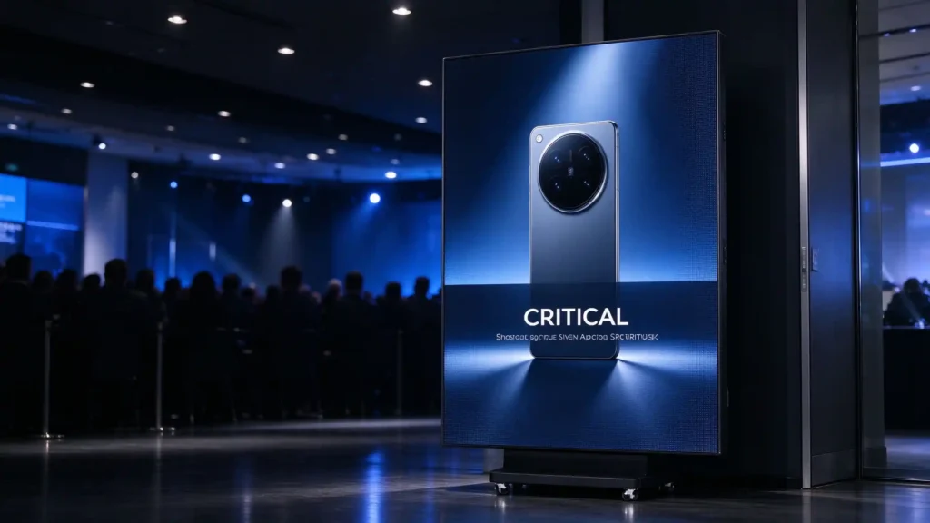 Freestanding vertical LED poster screen displaying tech product launch keynote in modern conference hall with audience