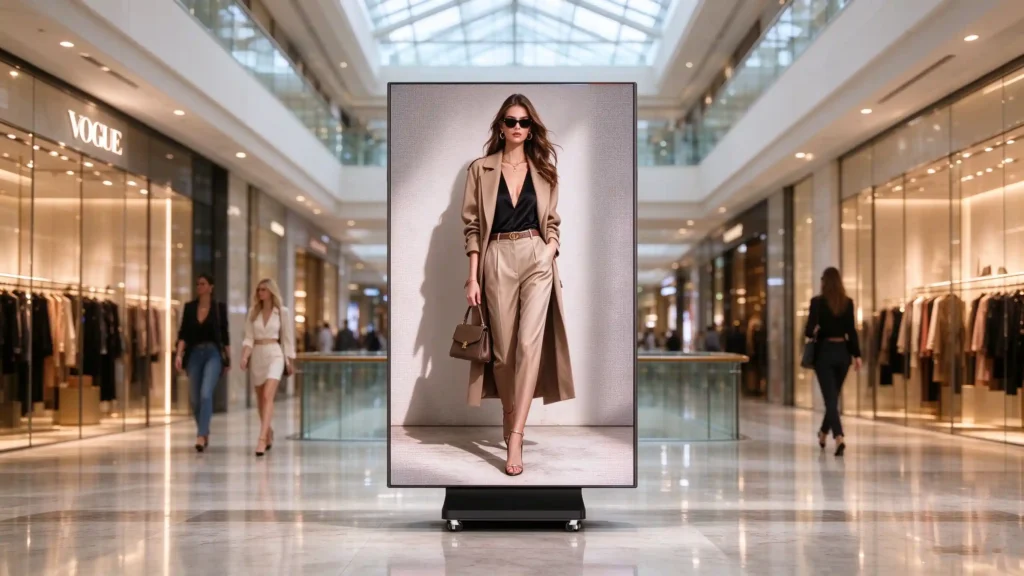 Freestanding LED poster display showing luxury fashion campaign in upscale shopping mall atrium with boutique storefronts and shoppers