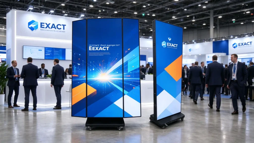 Tri-fold LED poster display and single LED screen at modern trade show booth with business attendees and brand wall