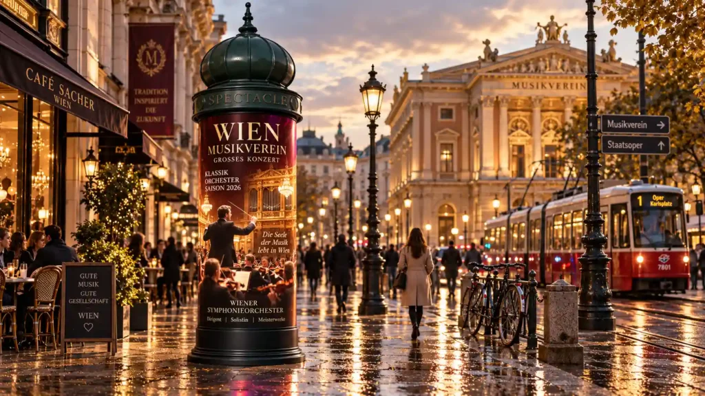 Outdoor cylindrical LED column displaying Vienna classical music concert advertisement. P2.5 flexible screen, 4780mm tall, for cultural DOOH and city tourism campaigns