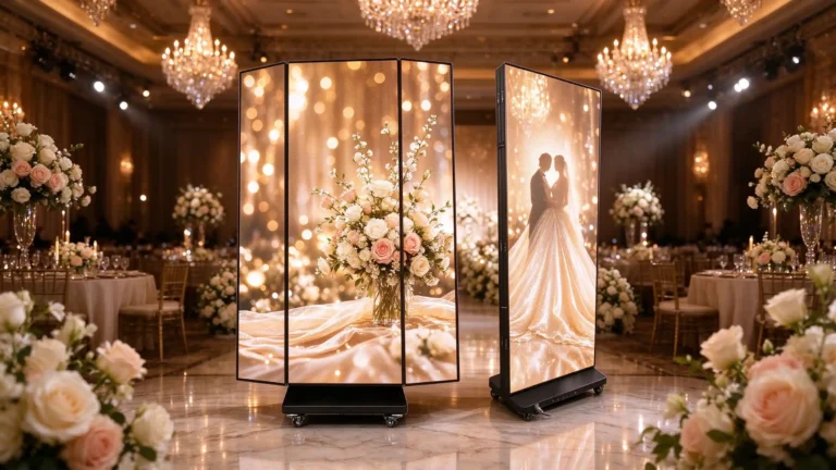 Tri-fold double-sided LED poster screen displaying wedding visuals in grand ballroom