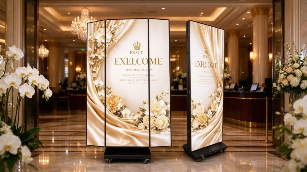 Double-sided tri-fold LED poster screens displaying hotel welcome graphics in five-star lobby with chandeliers and marble floor