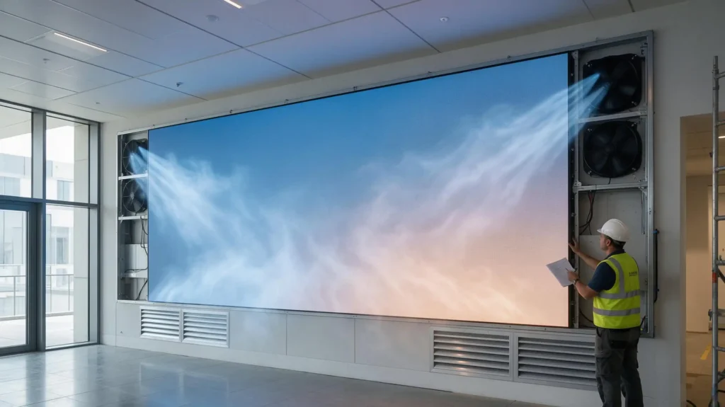 Wall-mounted LED display rear gap with diagonal inlet and outlet air duct for forced air cooling system